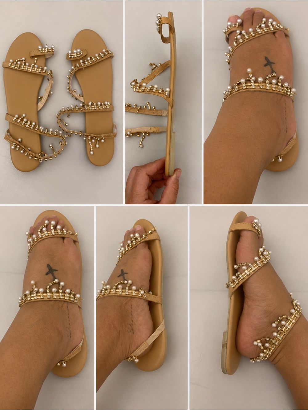 Nude Pearl Rhinestone Wrap Sandals | Glam Vacation Flats